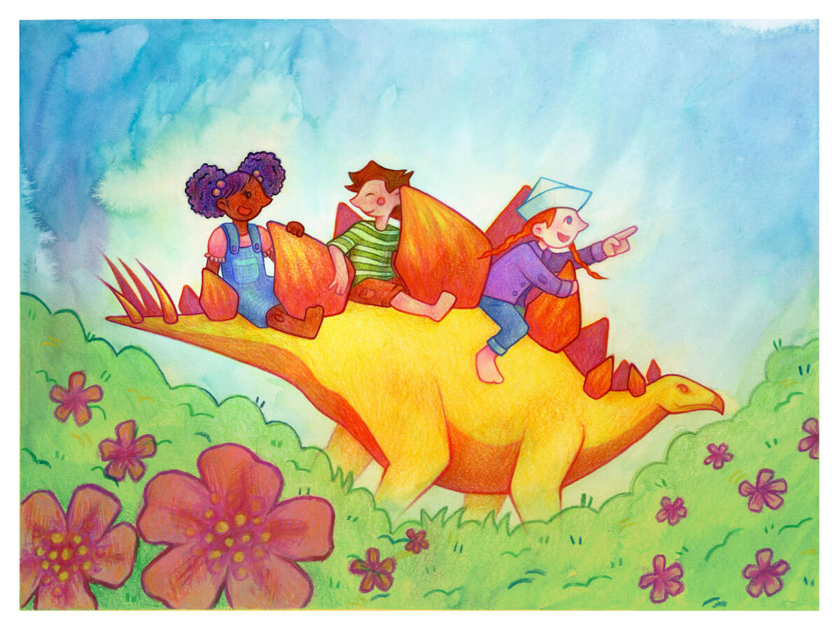 A vibrant pencil colour illustration of three excited children riding a yellow and orange stegosaurus which roams through a flower field.