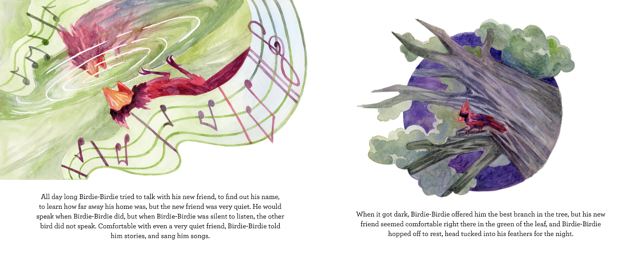 On the left a cardinal sings into a puddle, a musical staff flowing around him. The scene is illustrated from an unusual perspective, flipped upside down so the puddle is above the ground. On the right is a circular spot of a cardinal sleeping in a tree.