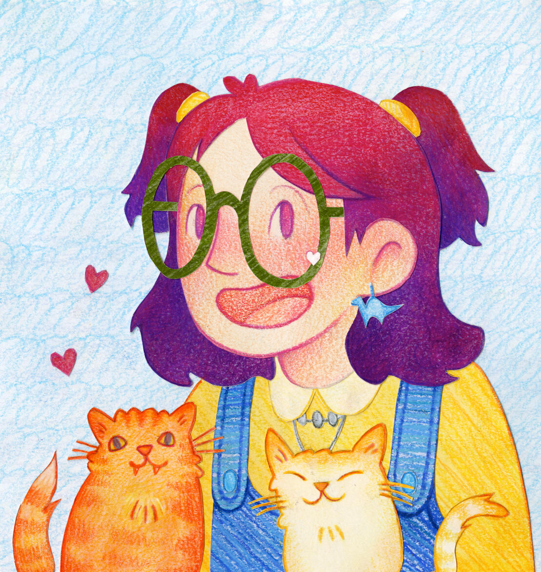 A pencil colour portrait illustration of a young person smiling. They have red and purple hair & round green glasses, & are wearing blue dinosaur earrings, a yellow sweater, & blue overalls. In front of them are two cats, orange & white with cheeky smiles.
